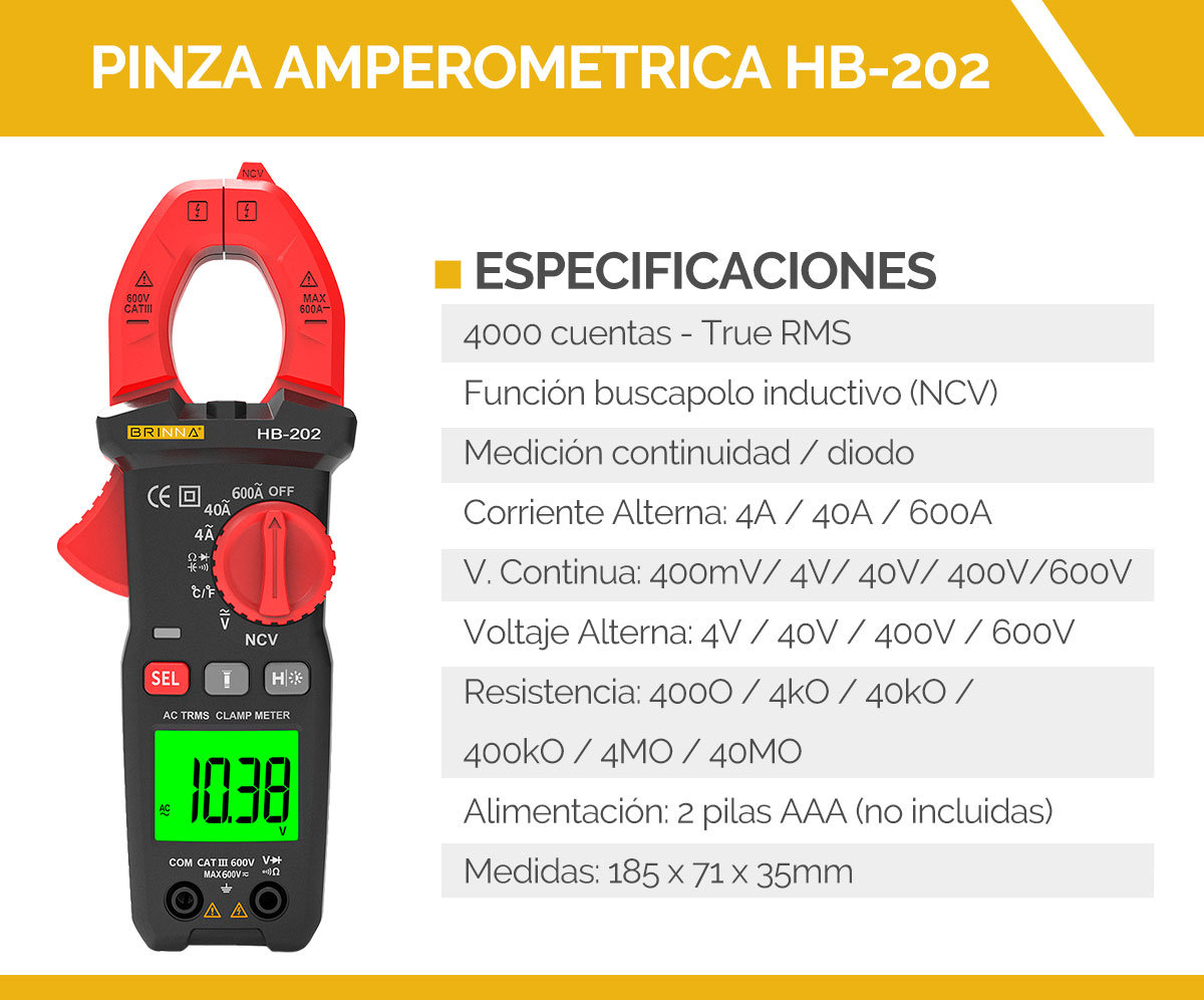 Pinza Amperimetrica Digital Brinna Hb-201 400a
